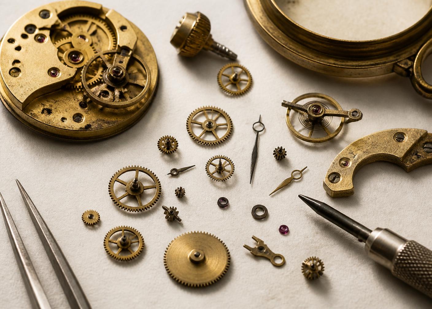 Mouvement de montre ancienne démonté à l'atelier